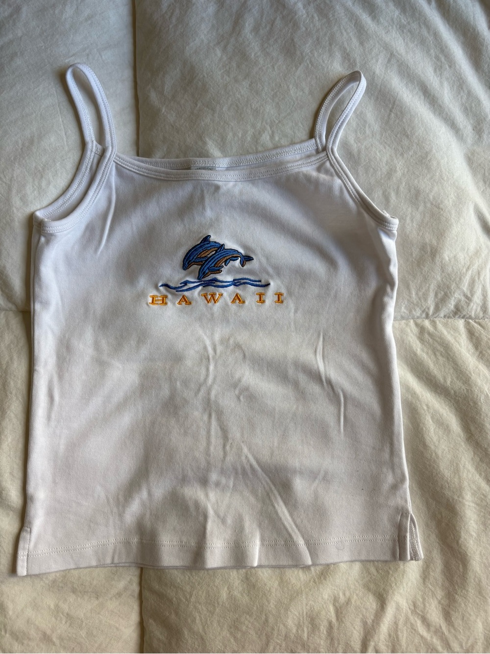 Kids White Spaghetti Strap Tank with Blue Dolphin Hawaii Embroidery
